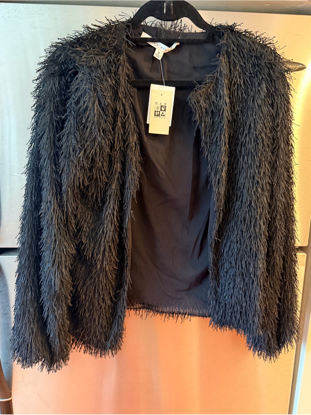Max StudioBlack Shaggy Faux-Fur Open Front Jacket